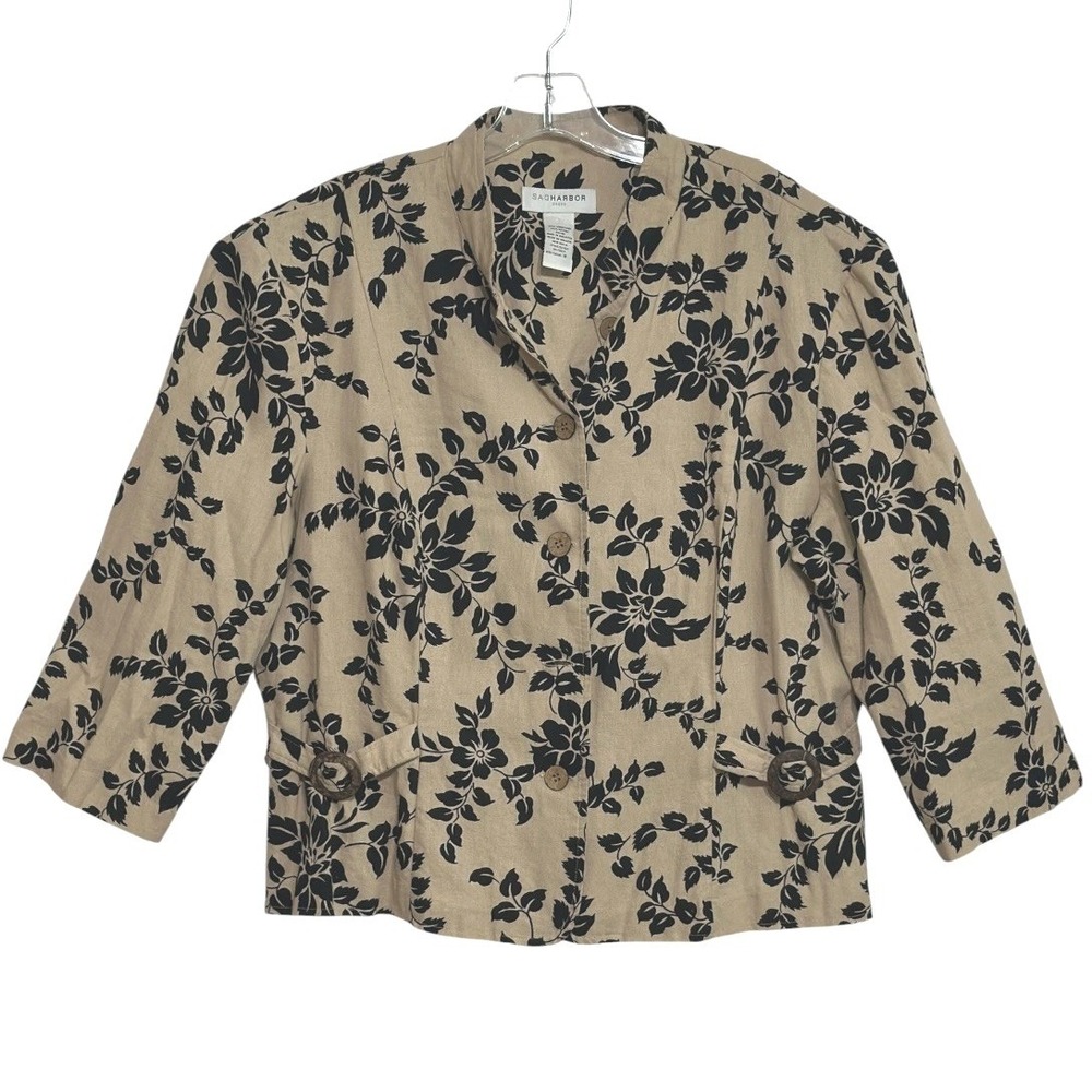 Sag Harbor‎ Jacket Women Tan Black Floral Linen 3/4 Sleeve Coastal Grandma 18